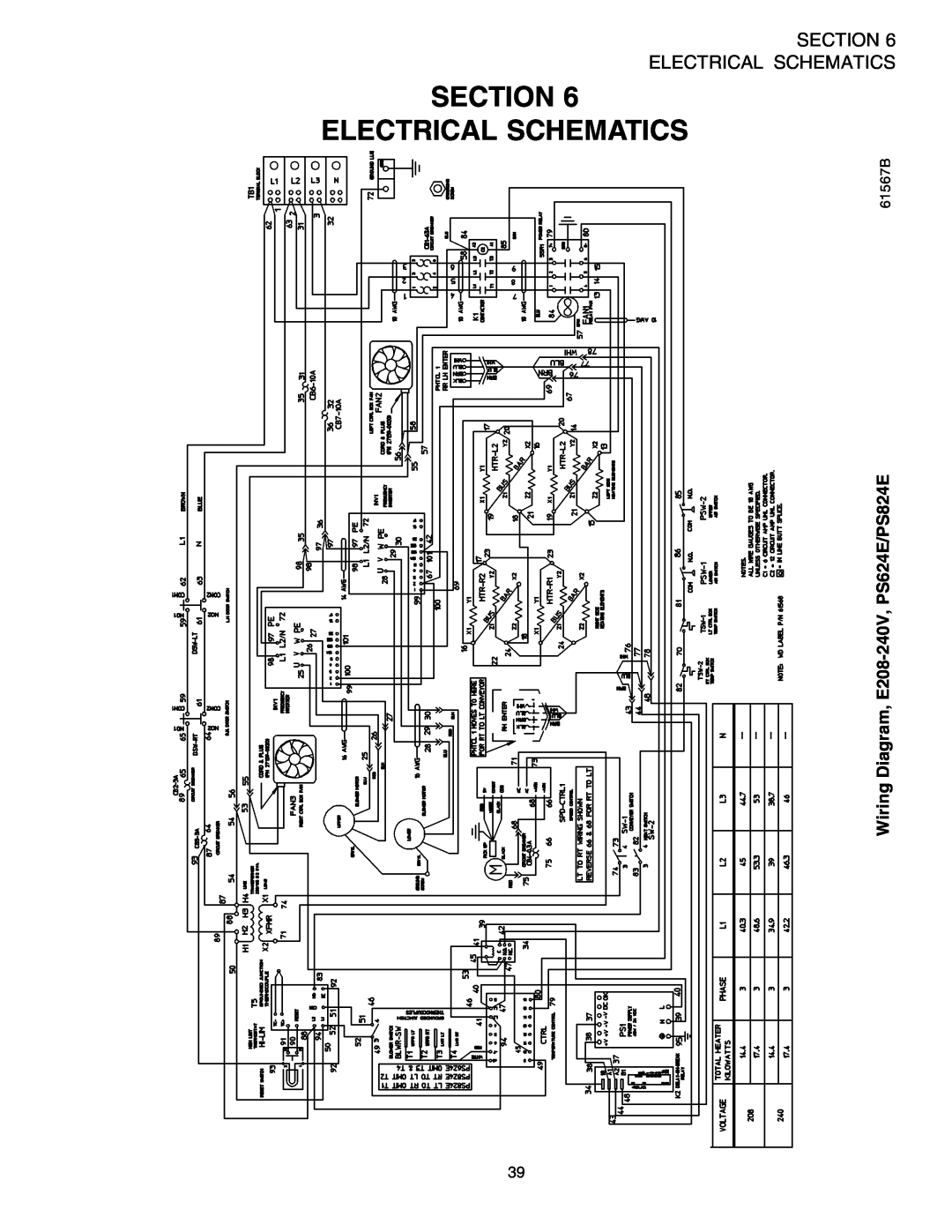 Middleby Marshall installation manual Section Electrical Schematics, Wiring Diagram, E208-240V, PS624E/PS824E, 61567B 