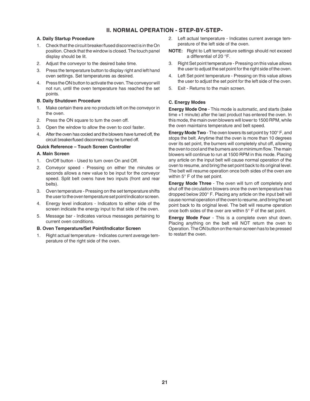 Middleby Marshall PS640 installation manual II. Normal Operation STEP-BY-STEP 