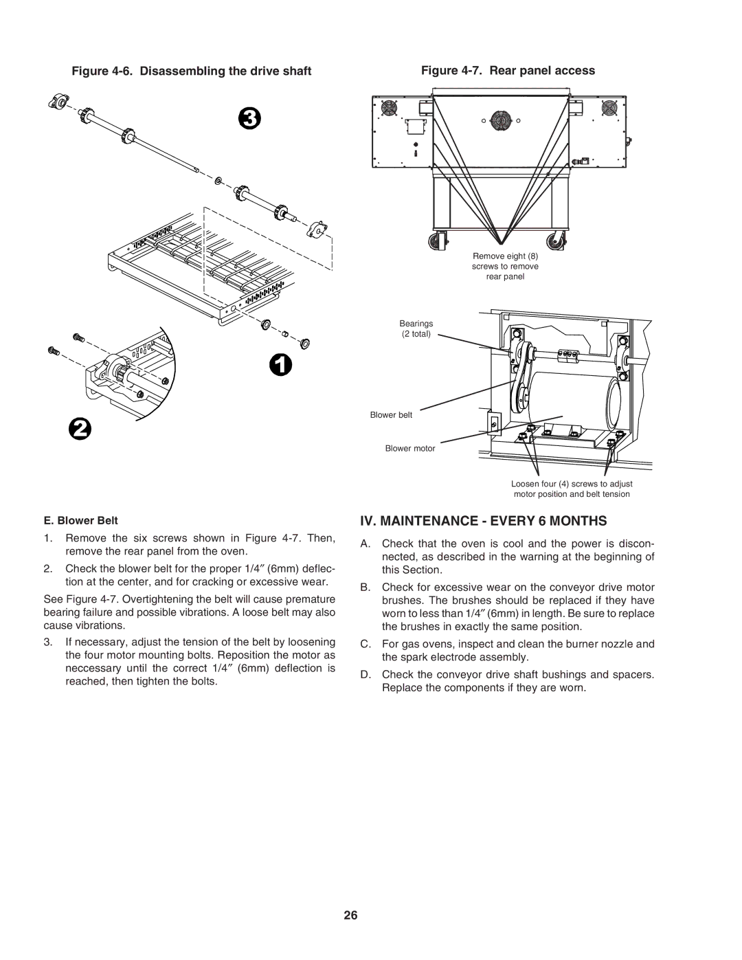 Middleby Marshall PS640 installation manual IV. Maintenance Every 6 Months, Blower Belt 