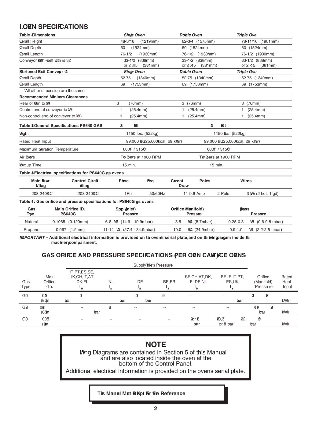 Middleby Marshall PS640 installation manual Oven Specifications, Triple Ove 