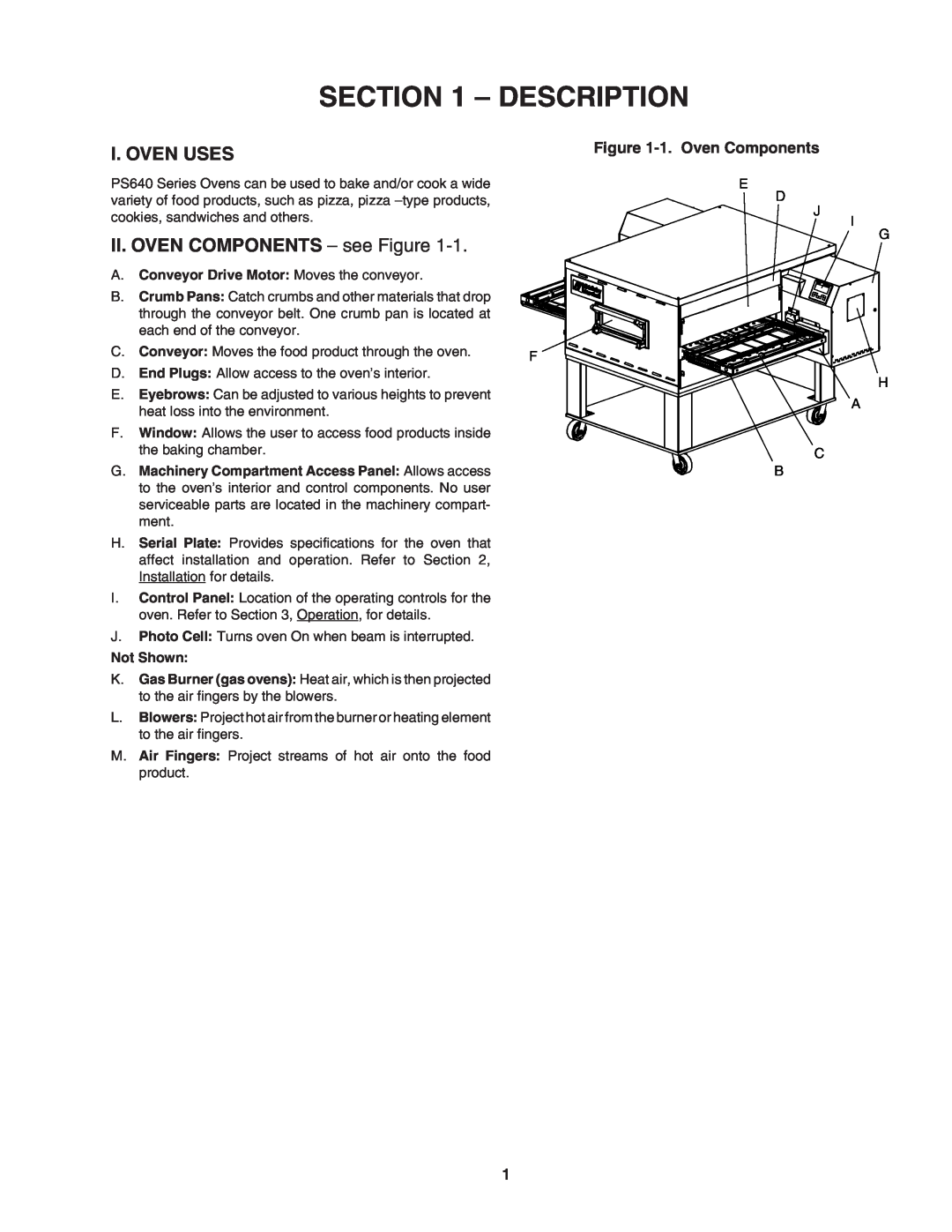 Middleby Marshall PS640 installation manual Description, I. Oven Uses, II. OVEN COMPONENTS - see Figure, 1. Oven Components 