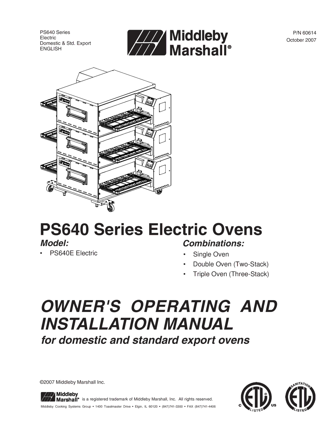 Middleby Marshall PS640E installation manual Owners Operating and Installation Manual 