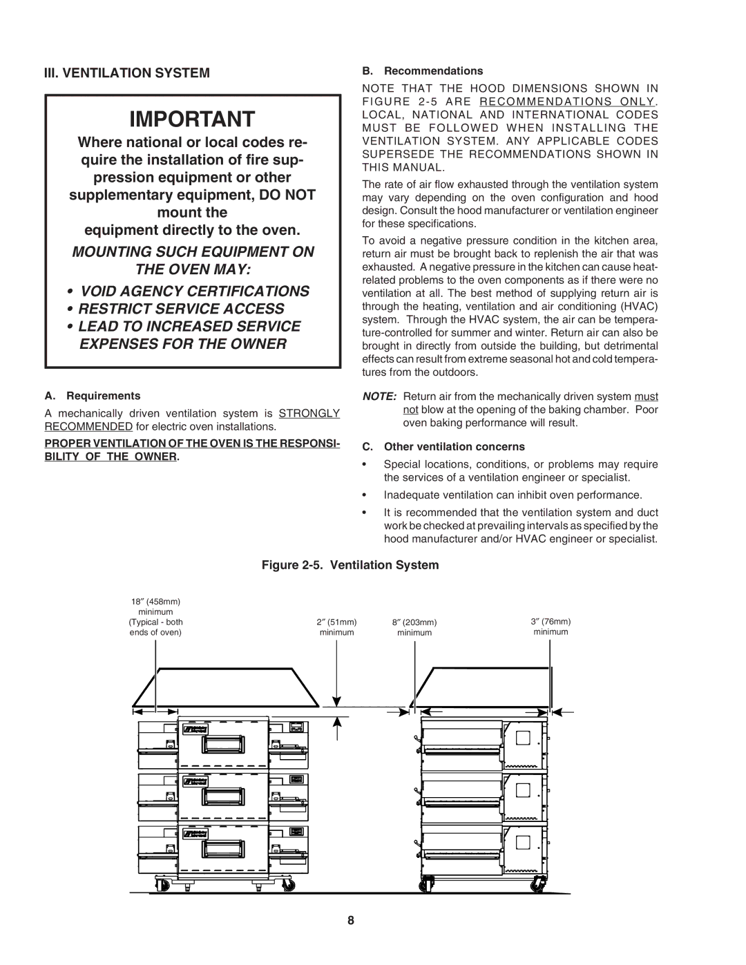 Middleby Marshall PS640E III. Ventilation System, Requirements, Recommendations, Other ventilation concerns 