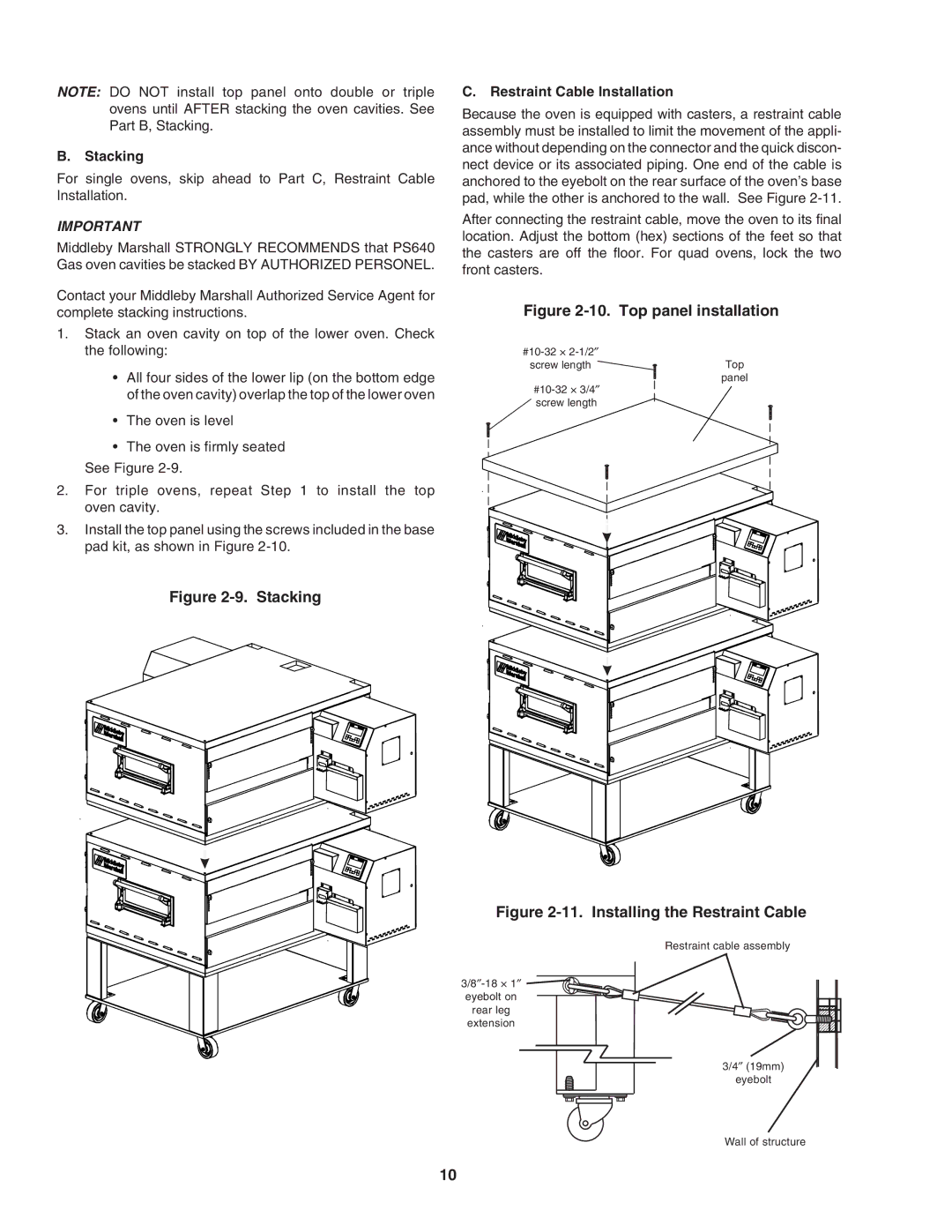 Middleby Marshall PS640E installation manual Stacking, Restraint Cable Installation 