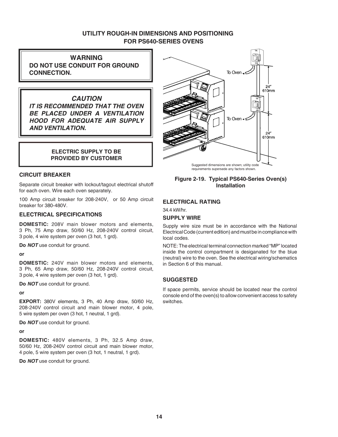 Middleby Marshall PS640E Do not USE Conduit for Ground Connection, Electric Supply to be Provided by Customer 