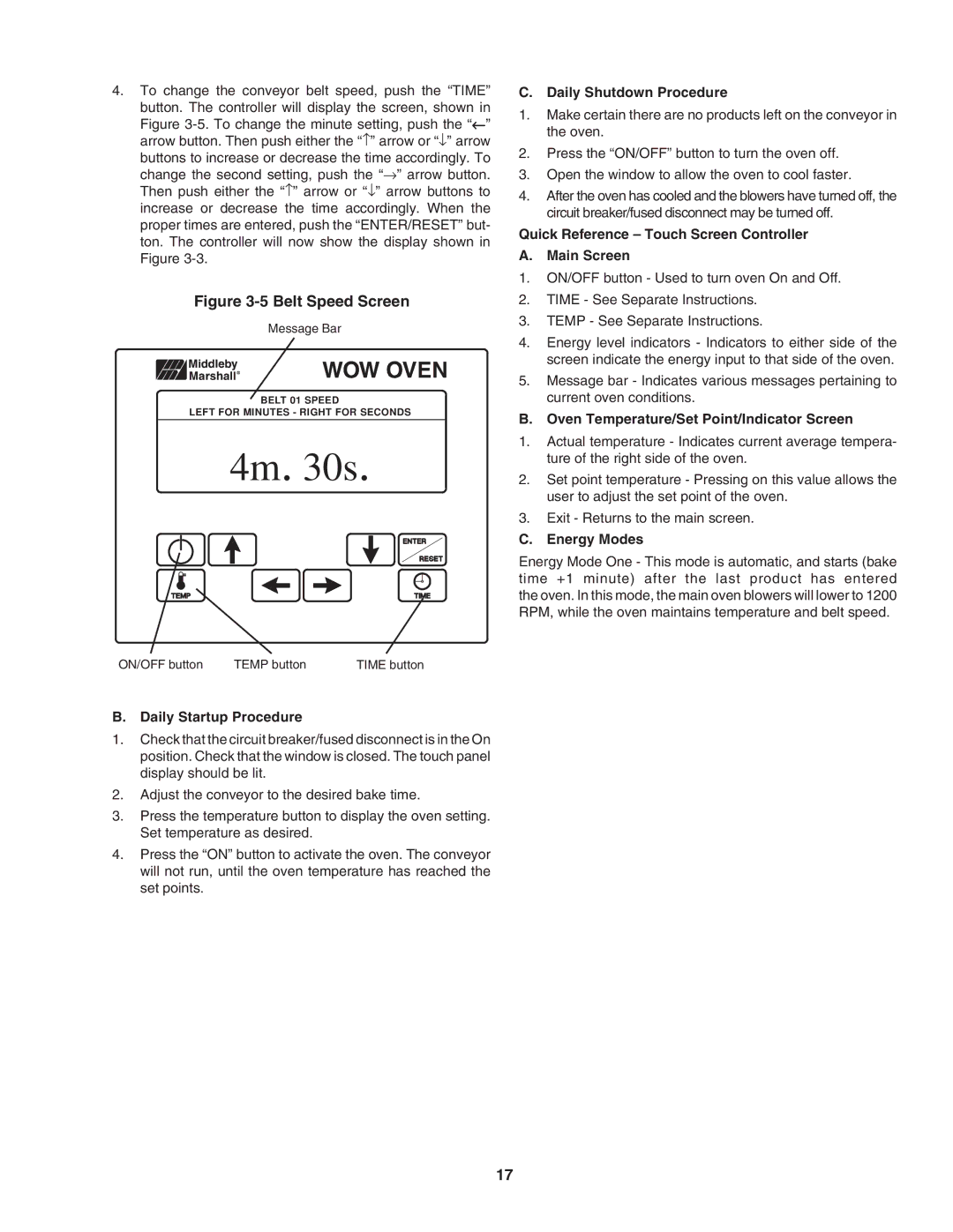 Middleby Marshall PS640E Daily Startup Procedure, Daily Shutdown Procedure, Oven Temperature/Set Point/Indicator Screen 