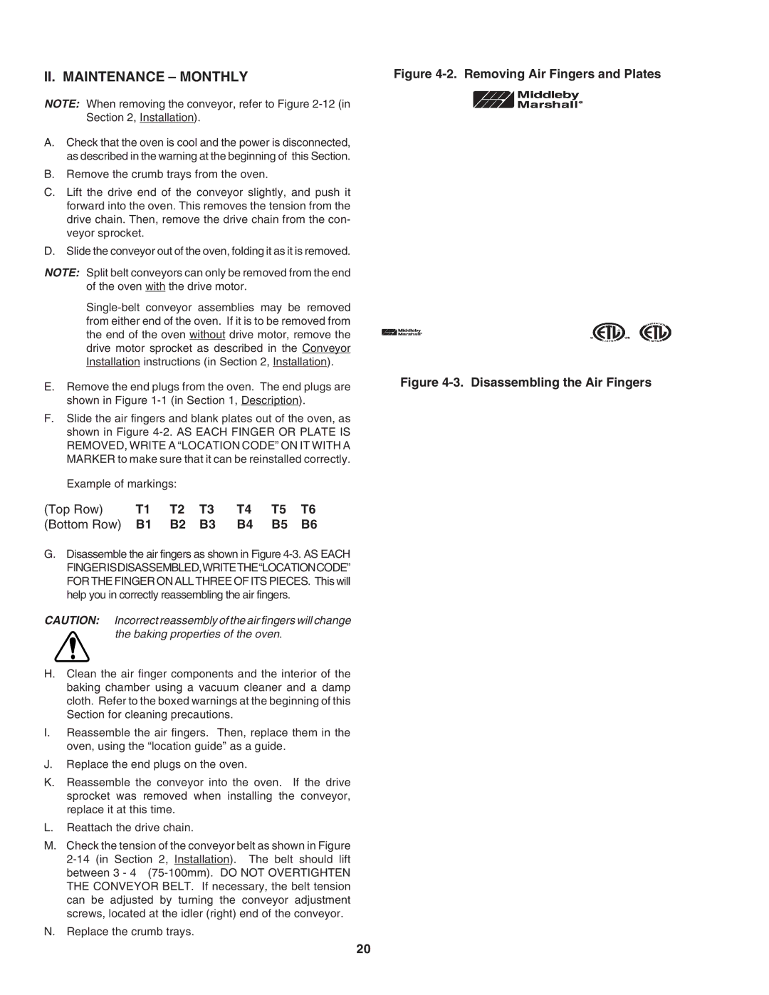 Middleby Marshall PS640E installation manual II. Maintenance Monthly, Top Row Bottom Row 