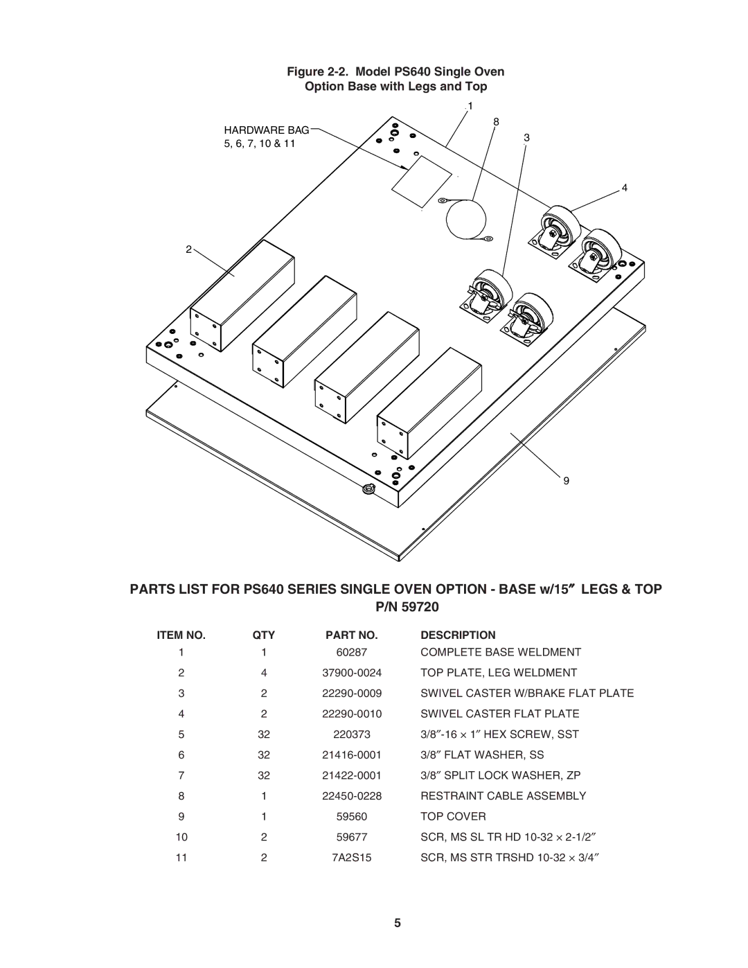 Middleby Marshall PS640E installation manual Model PS640 Single Oven Option Base with Legs and Top 