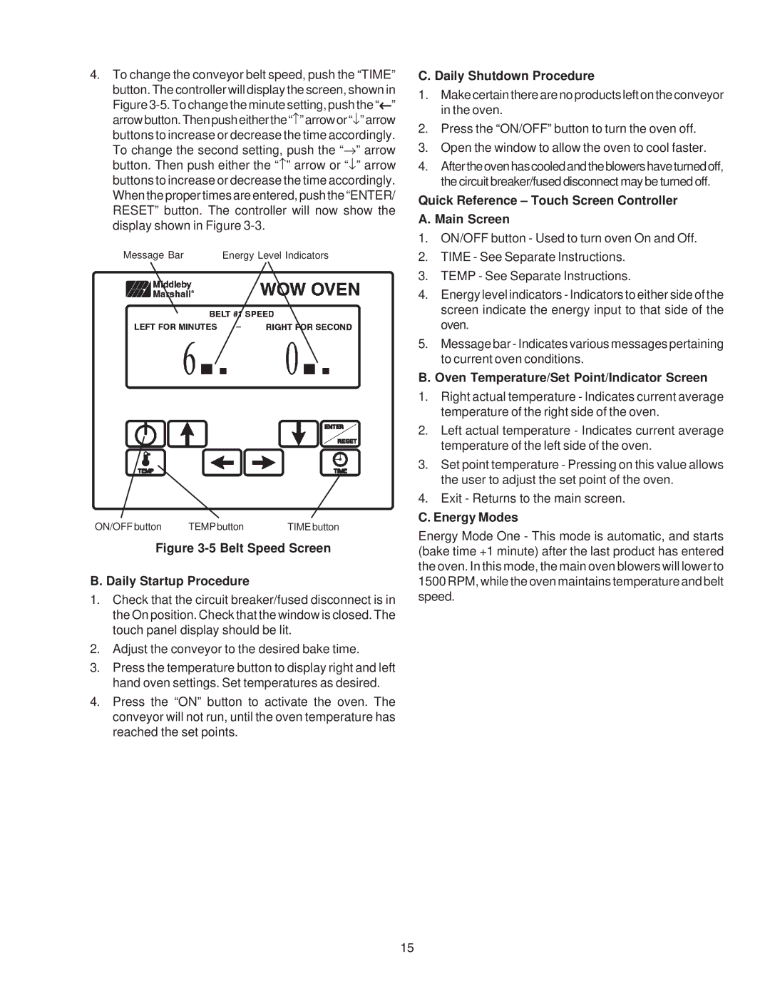 Middleby Marshall PS670 installation manual Belt Speed Screen Daily Startup Procedure 