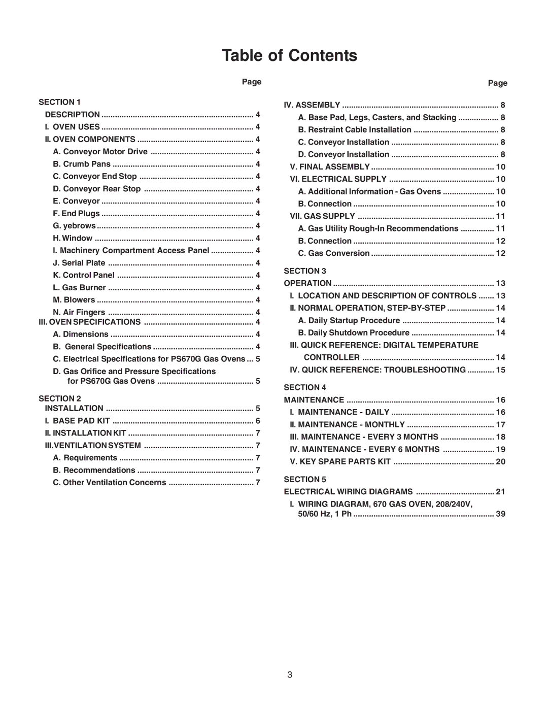 Middleby Marshall PS670 installation manual Table of Contents 