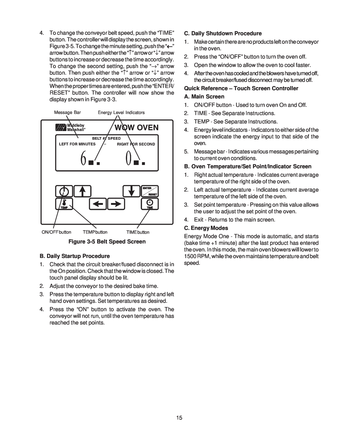 Middleby Marshall PS670 5Belt Speed Screen, B. Daily Startup Procedure, C. Daily Shutdown Procedure, C. Energy Modes 