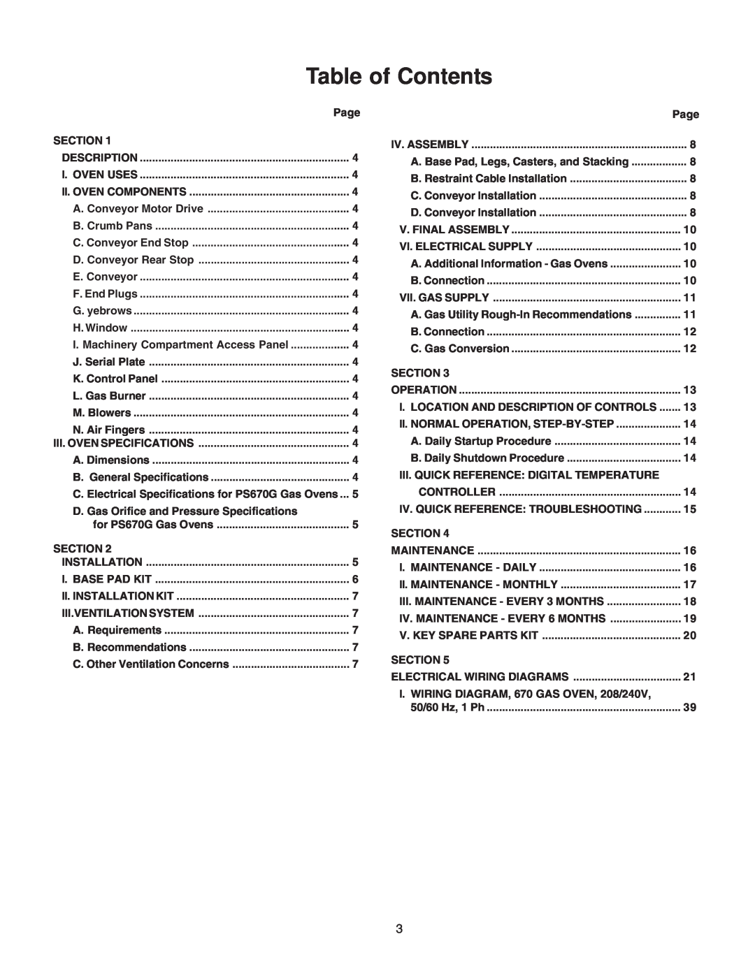 Middleby Marshall PS670 installation manual Table of Contents 