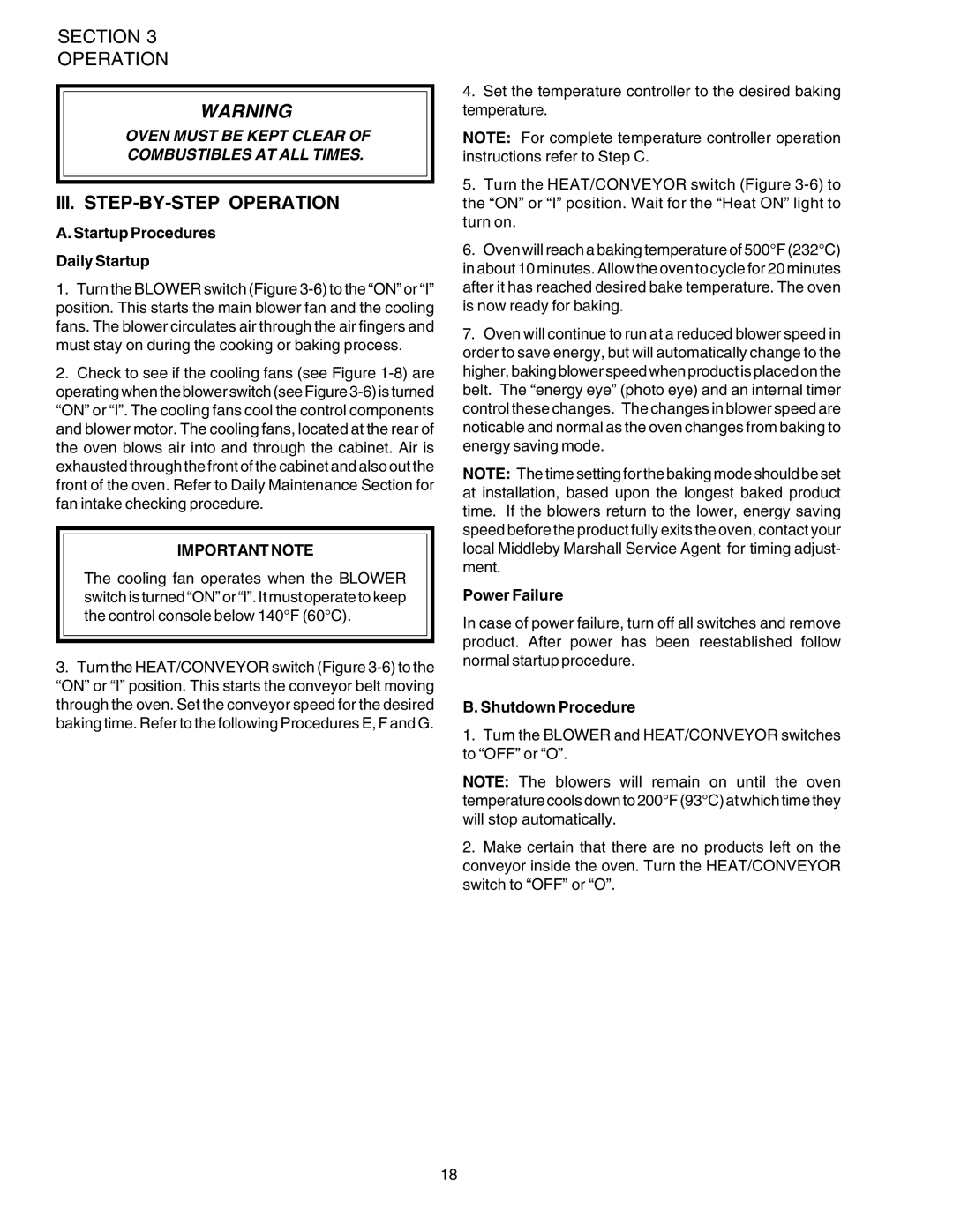 Middleby Marshall PS724E III. STEP-BY-STEP Operation, Startup Procedures Daily Startup, Power Failure, Shutdown Procedure 