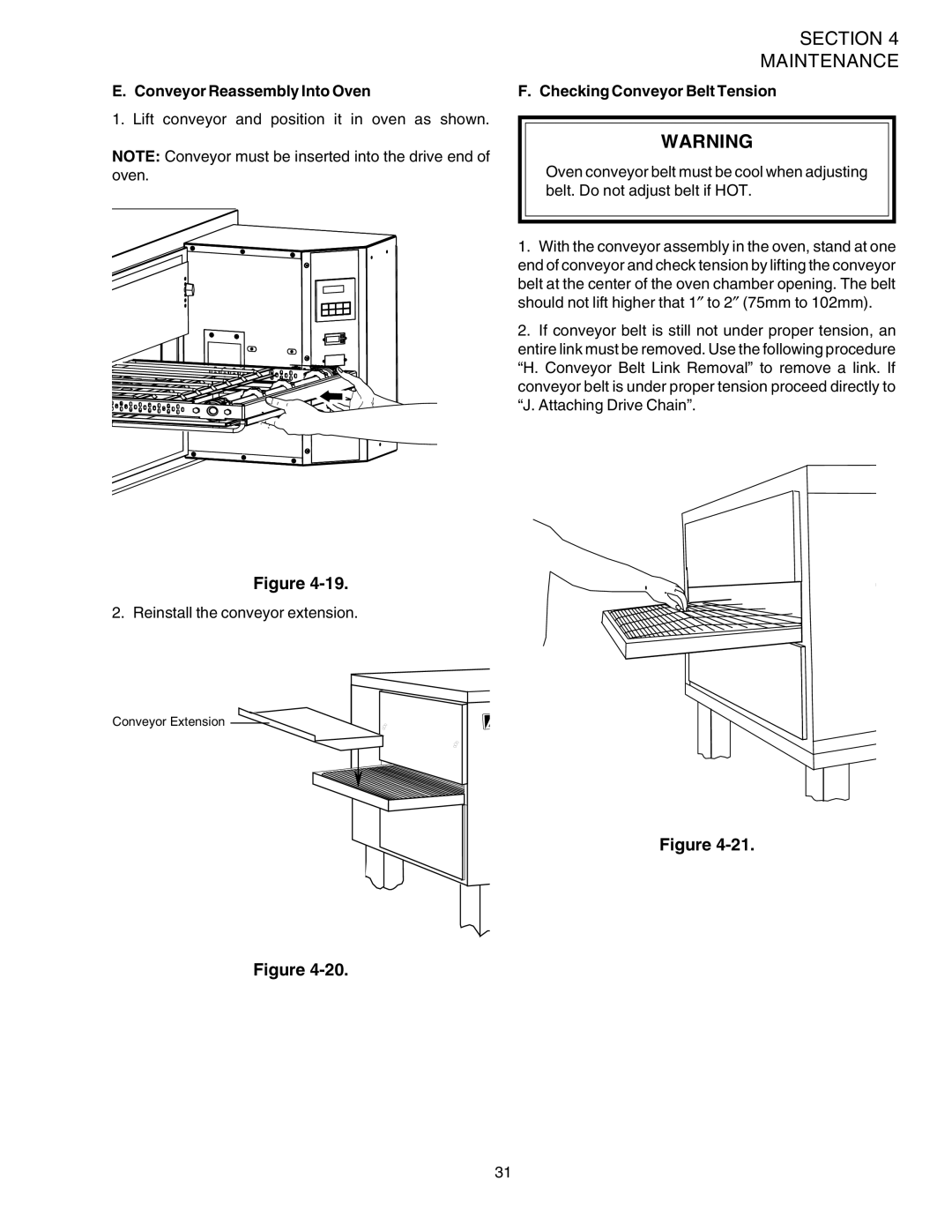 Middleby Marshall PS724E installation manual Conveyor Reassembly Into Oven, Checking Conveyor Belt Tension 