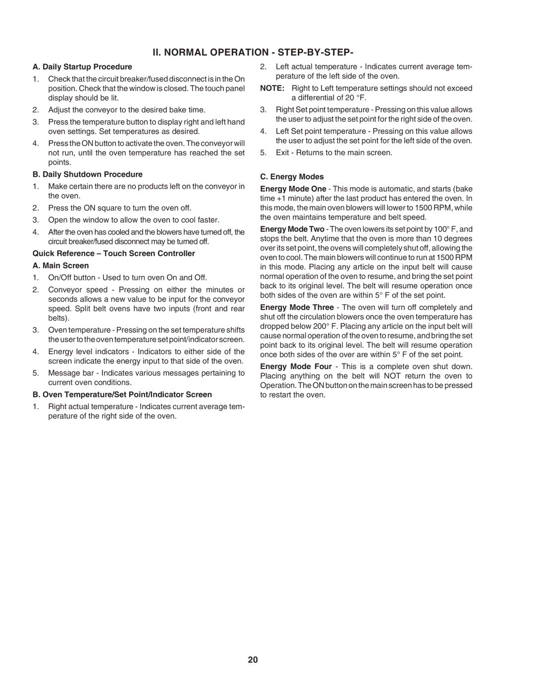 Middleby Marshall PS740E installation manual II. Normal Operation STEP-BY-STEP 