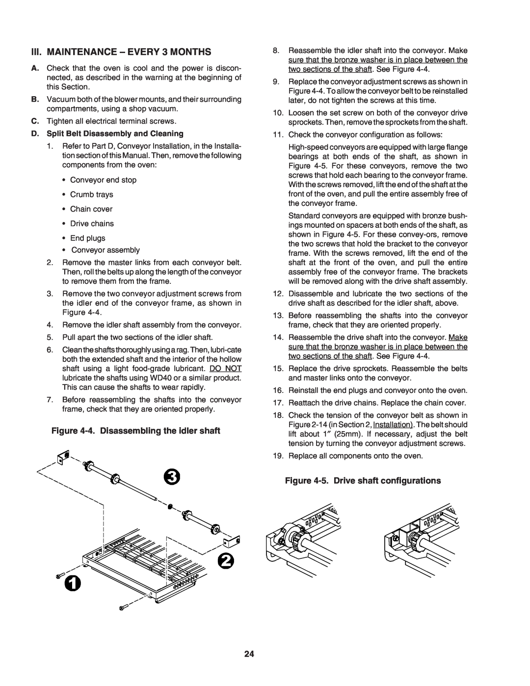 Middleby Marshall PS740E installation manual III. MAINTENANCE - EVERY 3 MONTHS, 4. Disassembling the idler shaft 