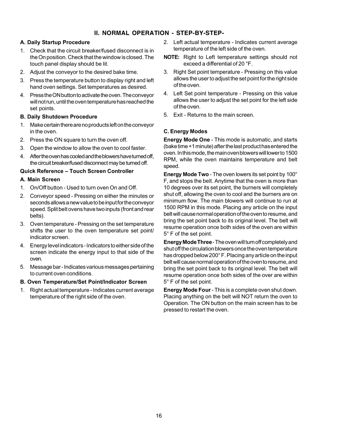 Middleby Marshall PS770G GAS installation manual Daily Startup Procedure, Daily Shutdown Procedure, Energy Modes 