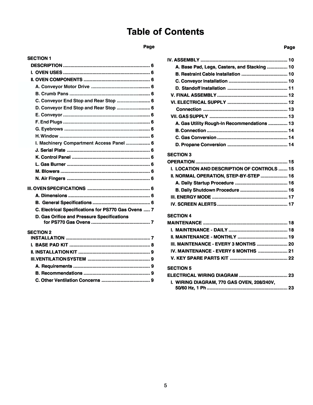 Middleby Marshall PS770G GAS installation manual Table of Contents 