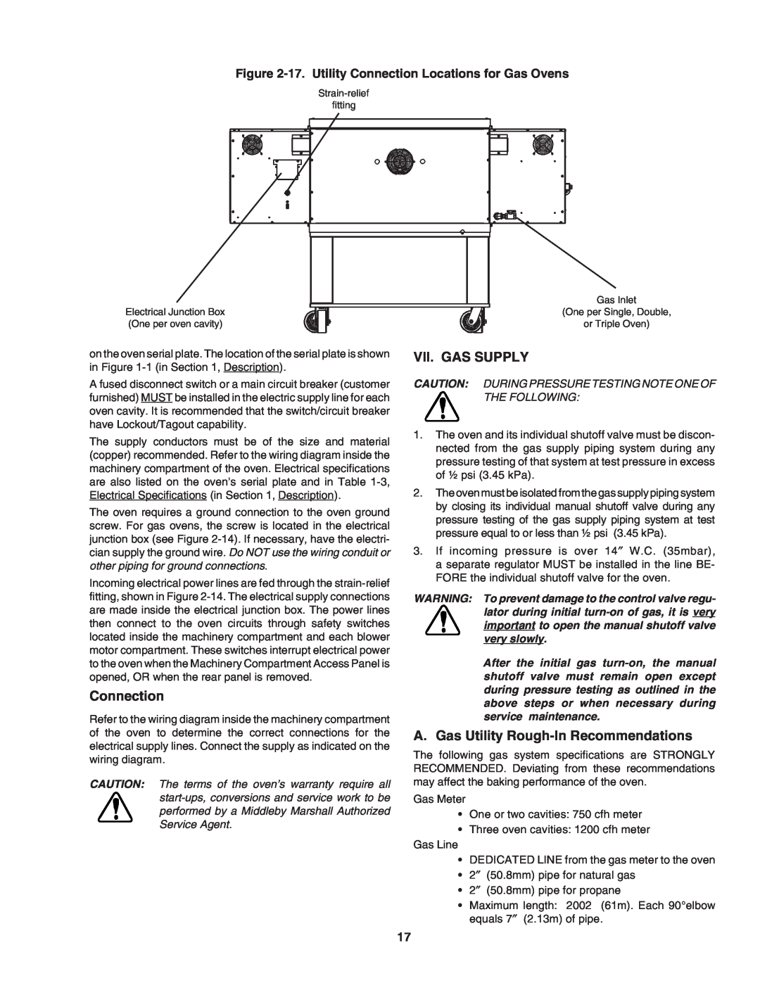 Middleby Marshall PS840 Series installation manual Connection, Vii. Gas Supply, A. Gas Utility Rough-In Recommendations 