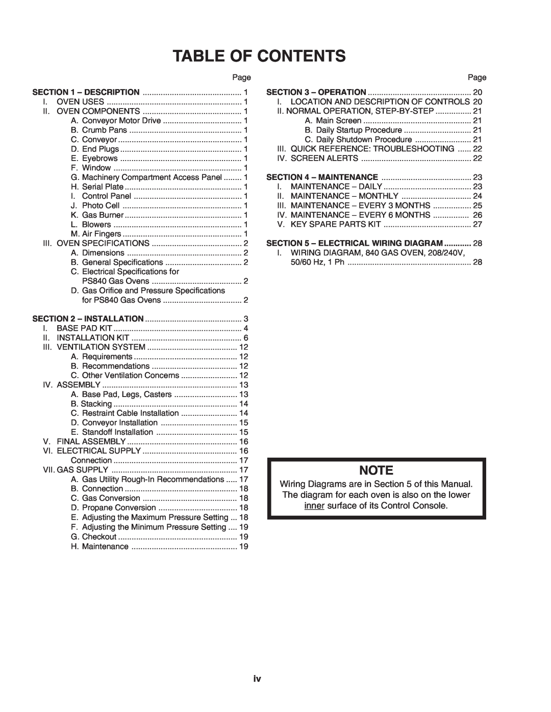 Middleby Marshall PS840 Series installation manual Table Of Contents, Operation, Electrical Wiring Diagram 