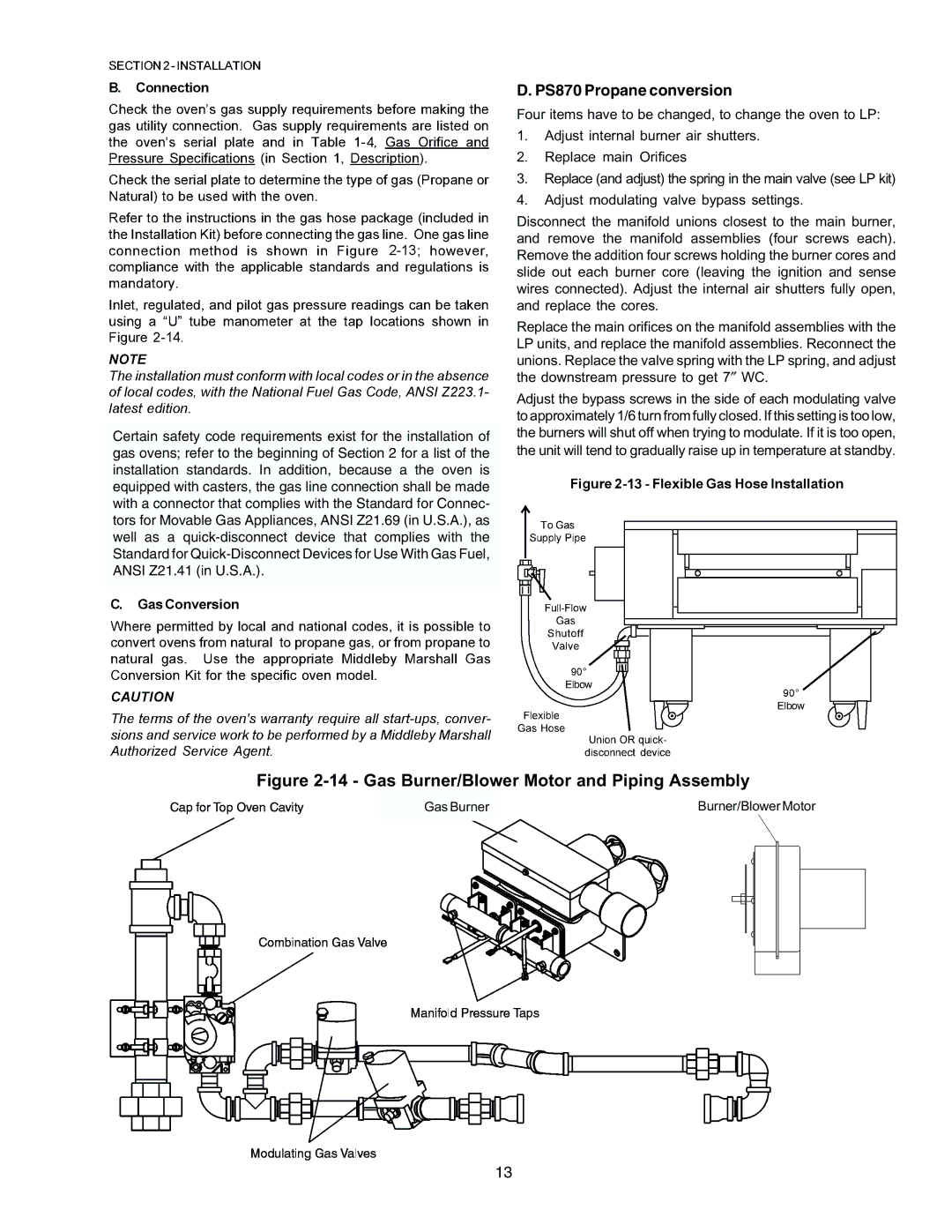 Middleby Marshall PS870G Gas installation manual Gas Burner/Blower Motor and Piping Assembly, PS870 Propane conversion 