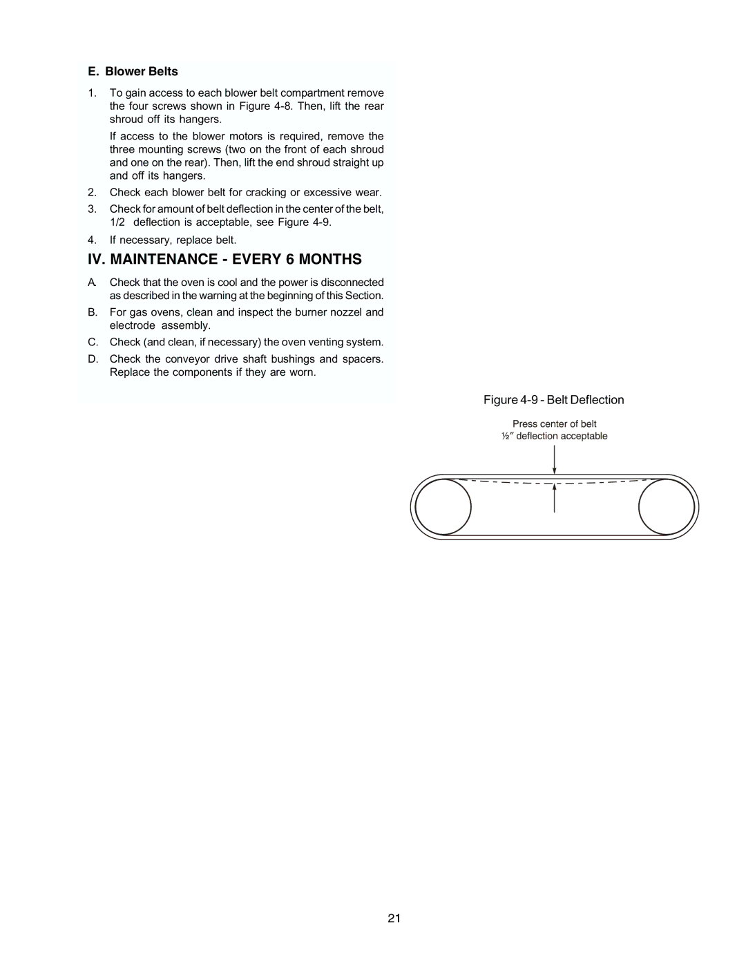 Middleby Marshall PS870G Gas installation manual IV. Maintenance Every 6 Months, Blower Belts 