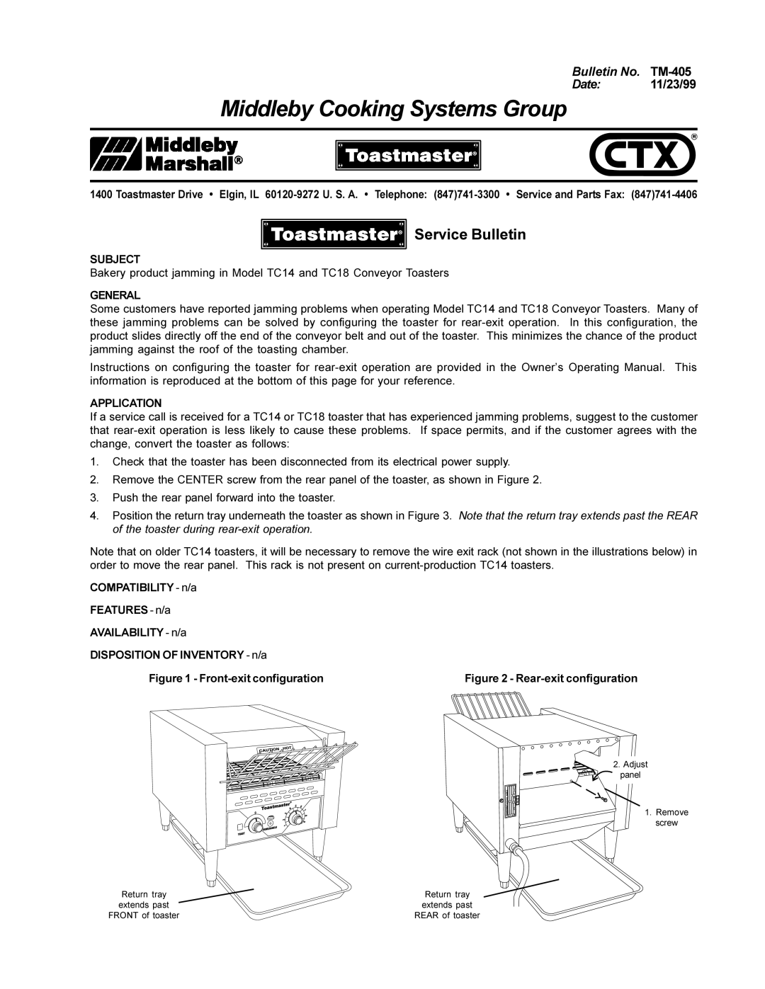 Middleby Marshall TC18, TC14 manual Middleby Cooking Systems Group, Service Bulletin, Subject, General, Application 