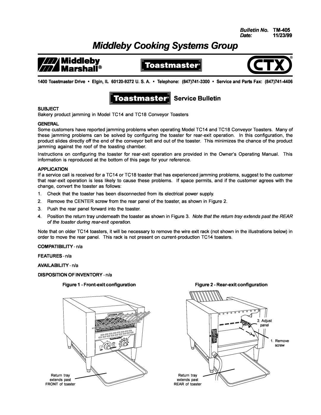 Middleby Marshall TC18, TC14 manual Middleby Cooking Systems Group, Service Bulletin, Bulletin No. TM-405, Date 11/23/99 