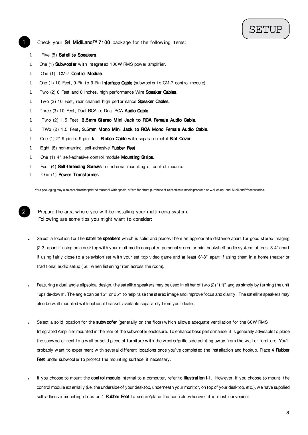 MidiLand 7100M owner manual Setup, Check your S4 MidiLand 7100 package for the following items 