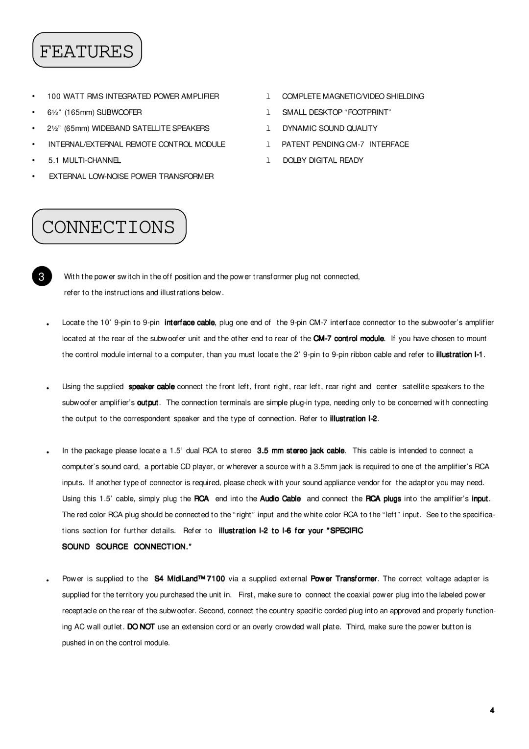 MidiLand 7100M owner manual Features, Connections 