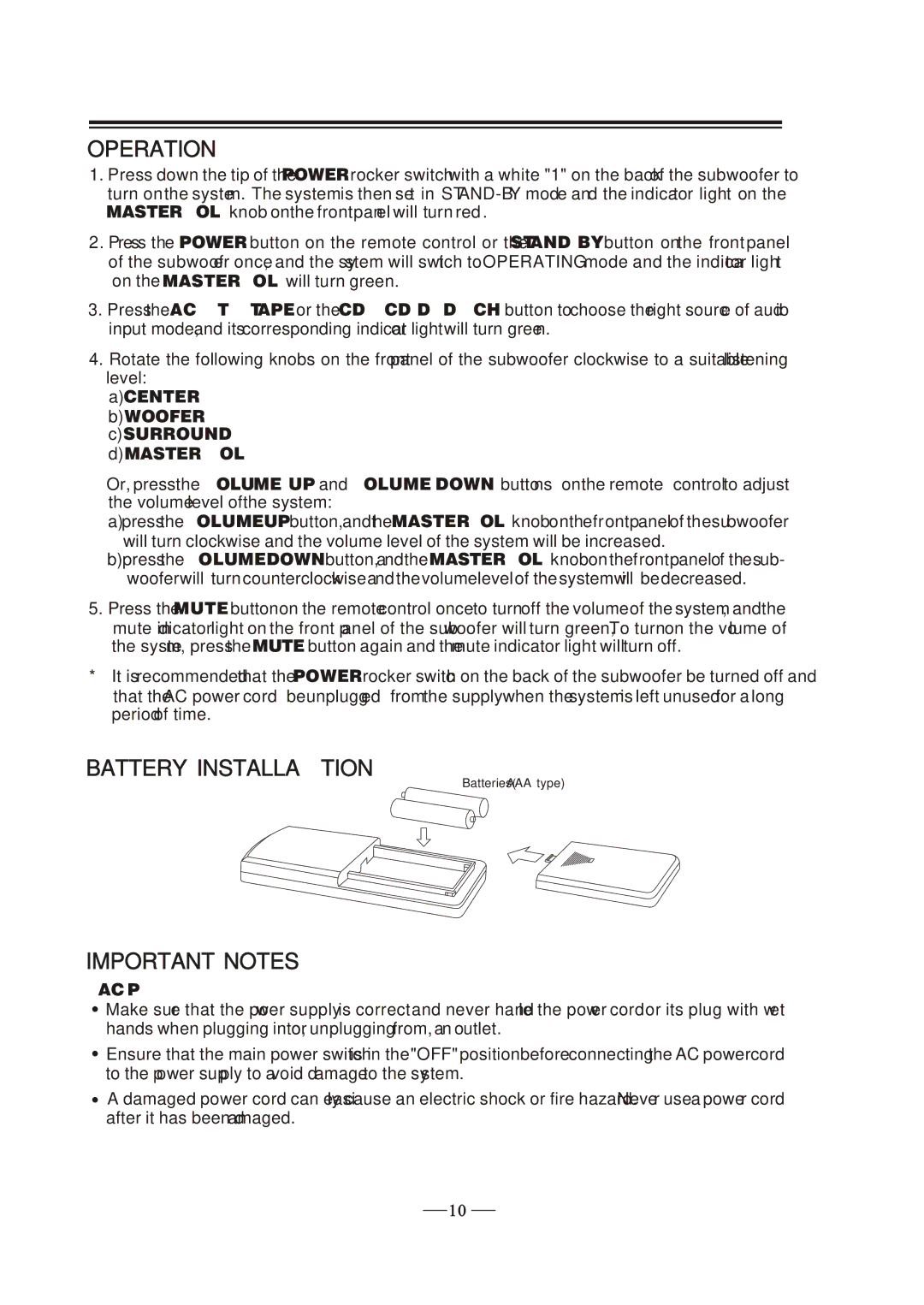 MidiLand 747H manual Operation, Battery Installation, Important Notes 