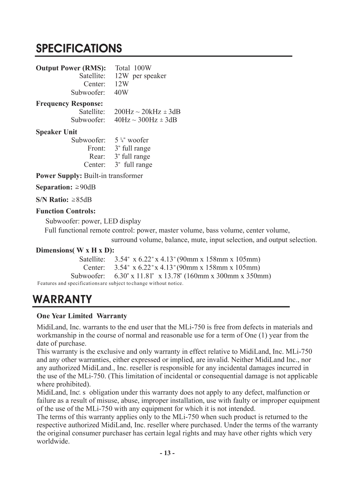 MidiLand 750 manual Specifications, Warranty 