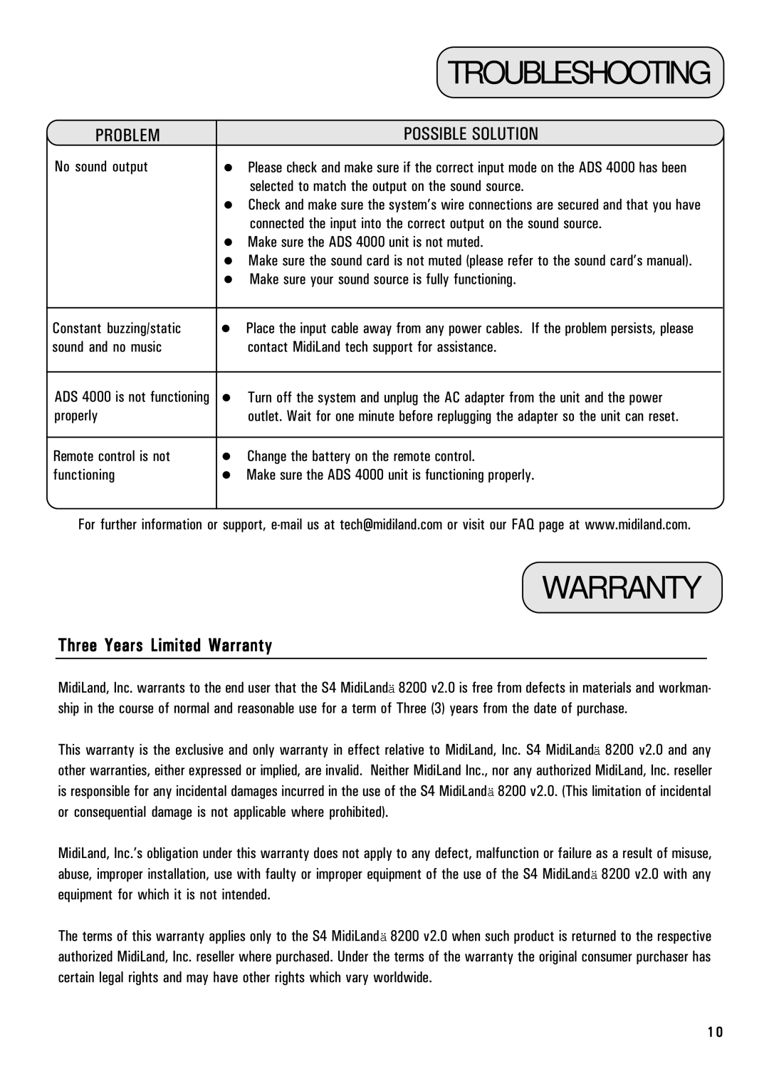 MidiLand 8200 owner manual Warranty, ADS 4000 is not functioning 