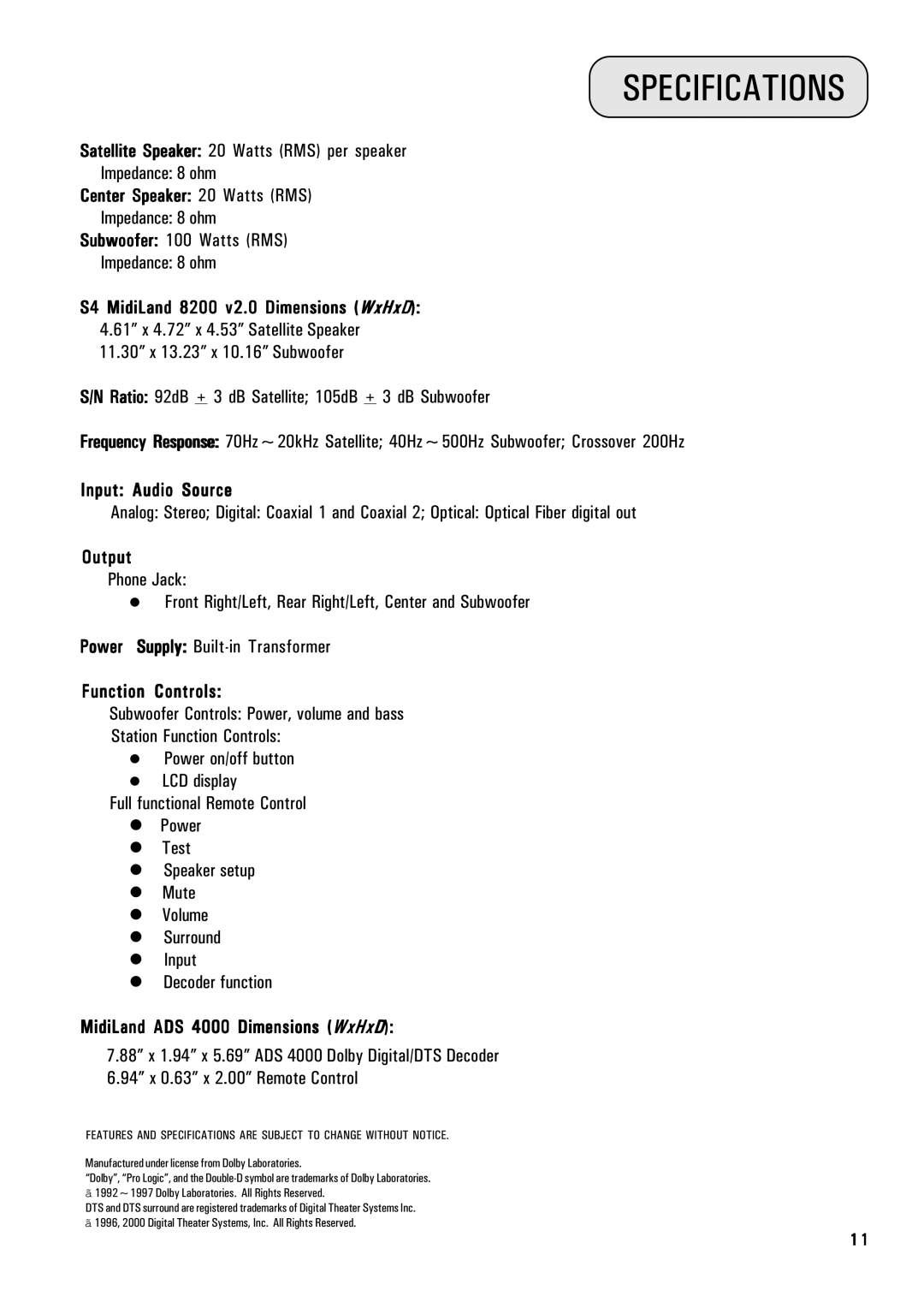 MidiLand 8200 owner manual Specifications 