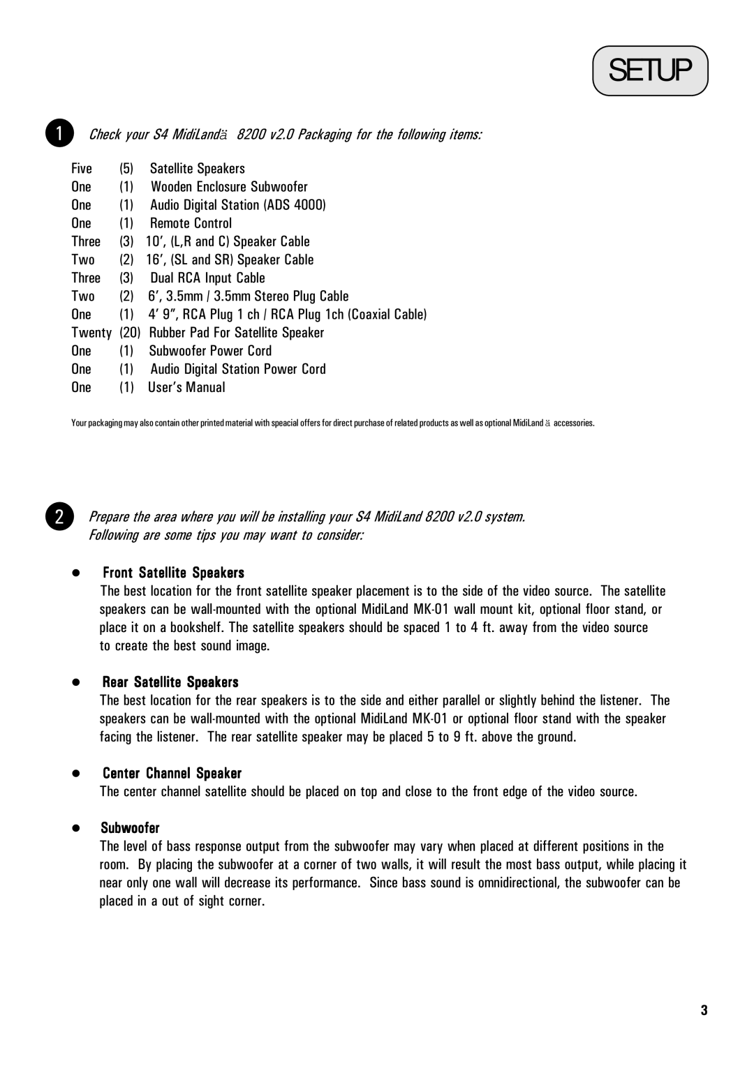 MidiLand 8200 owner manual Setup, Front Satellite Speakers, Rear Satellite Speakers, Center Channel Speaker, Subwoofer 