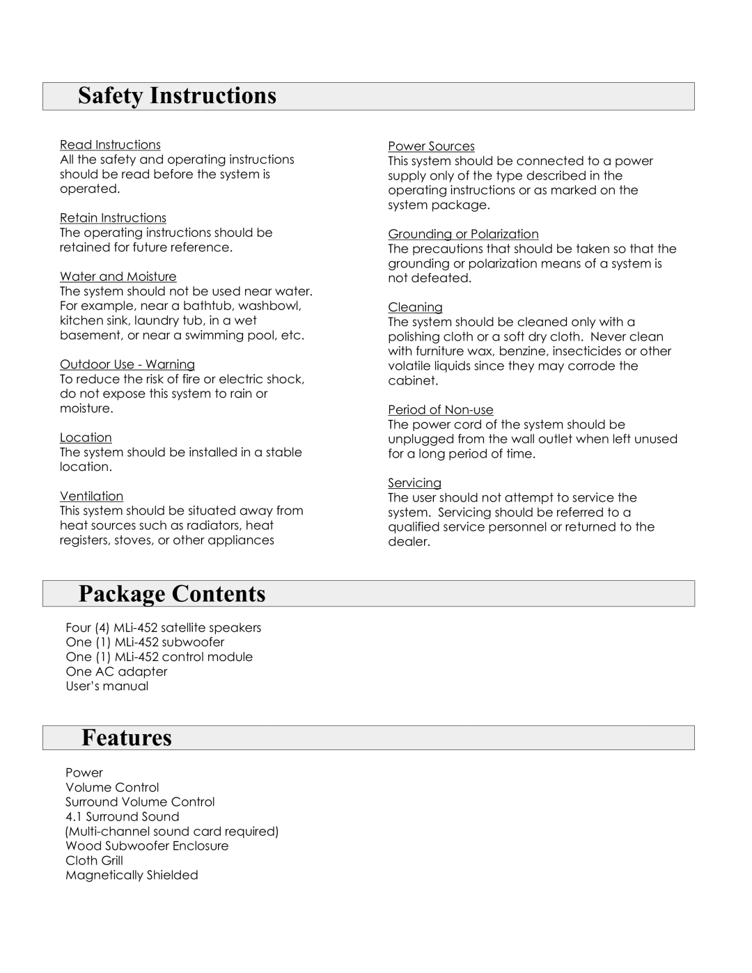 MidiLand MLI-452 user manual Safety Instructions, Package Contents, Features 