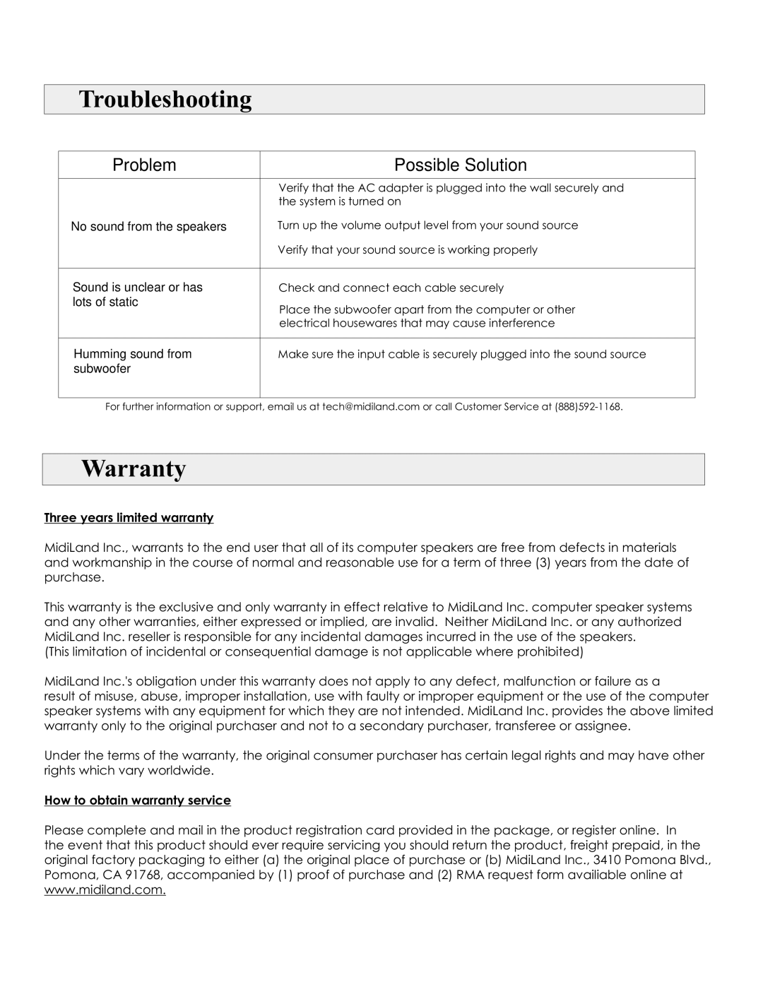 MidiLand MLI-452 user manual Troubleshooting, Warranty 