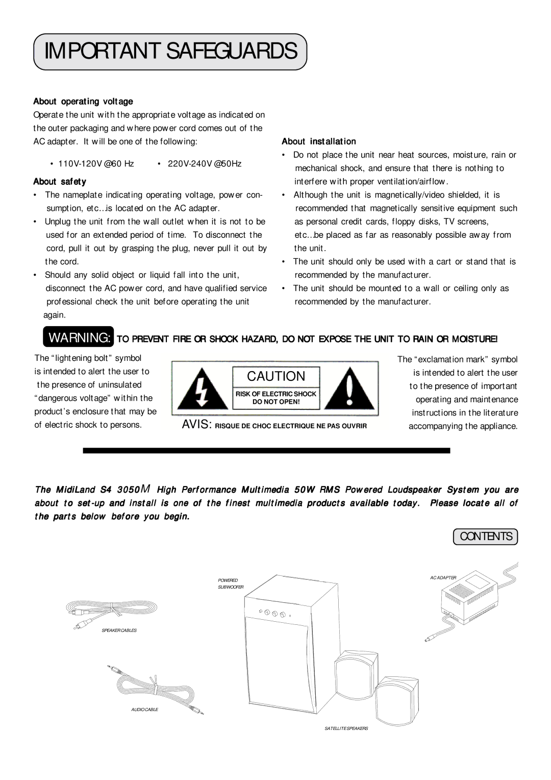 MidiLand S4 3050M Important Safeguards, About operating voltage, About safety, About installation, 220V-240V @50Hz 