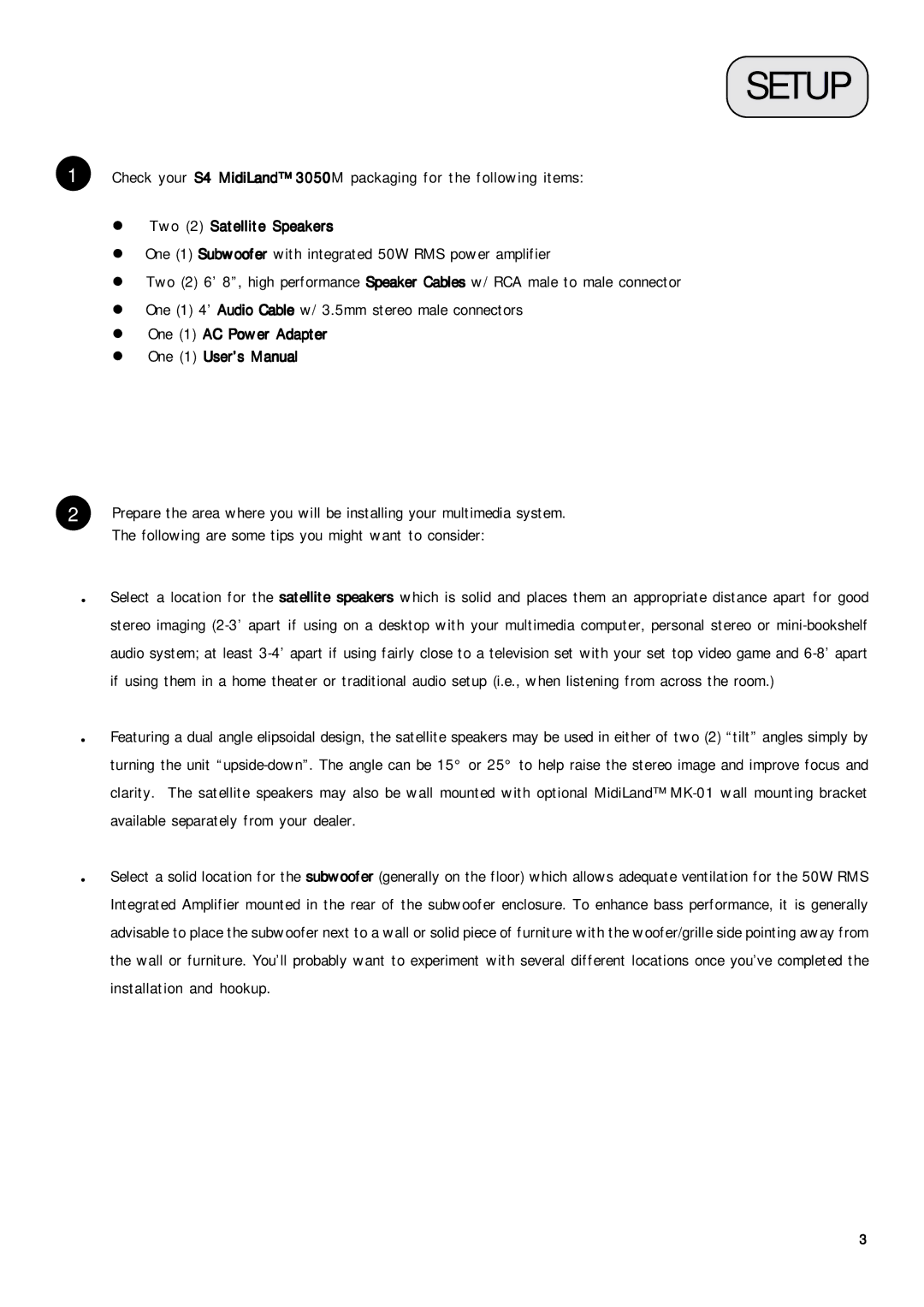 MidiLand S4 3050M owner manual Setup, Two 2 Satellite Speakers, One 1 AC Power Adapter One 1 User’s Manual 