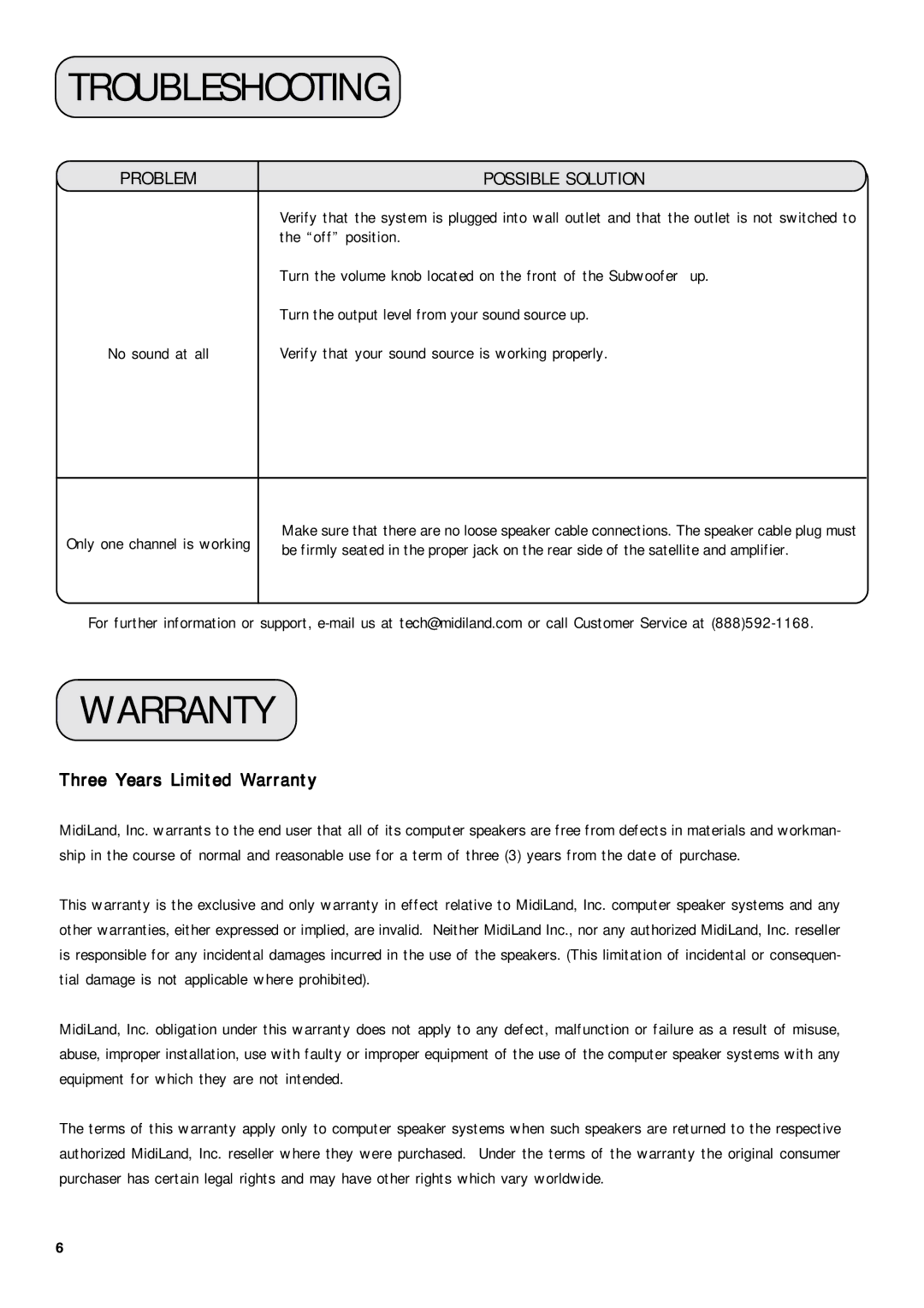 MidiLand S4 3050M owner manual Troubleshooting, Warranty 