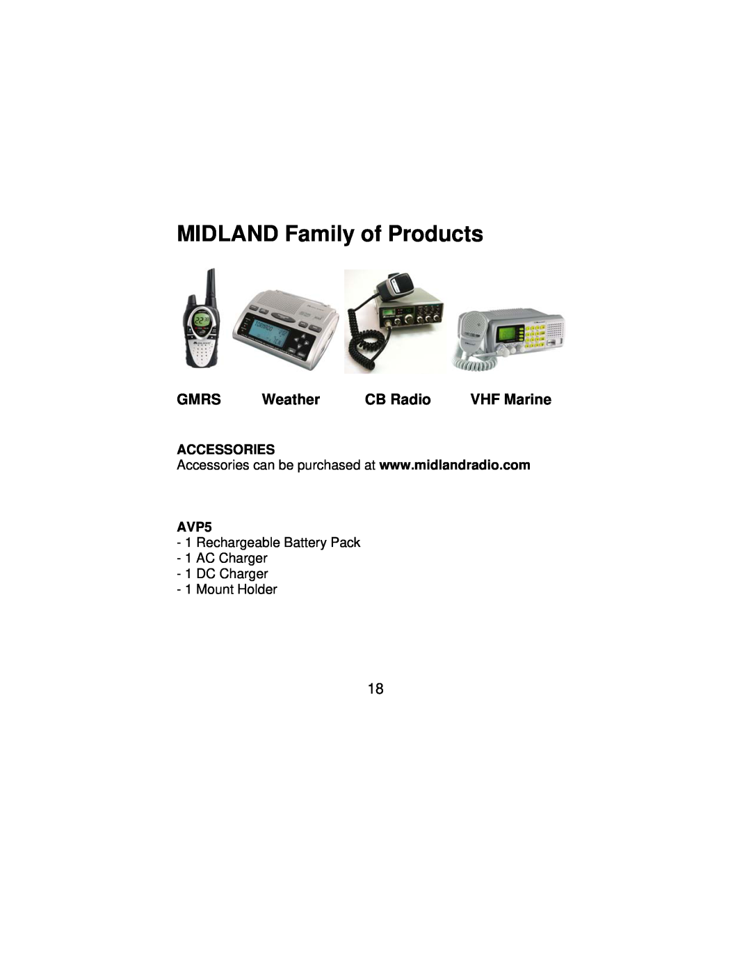 Midland Radio 1 manual Accessories, AVP5, MIDLAND Family of Products, Gmrs, Weather, CB Radio, VHF Marine 