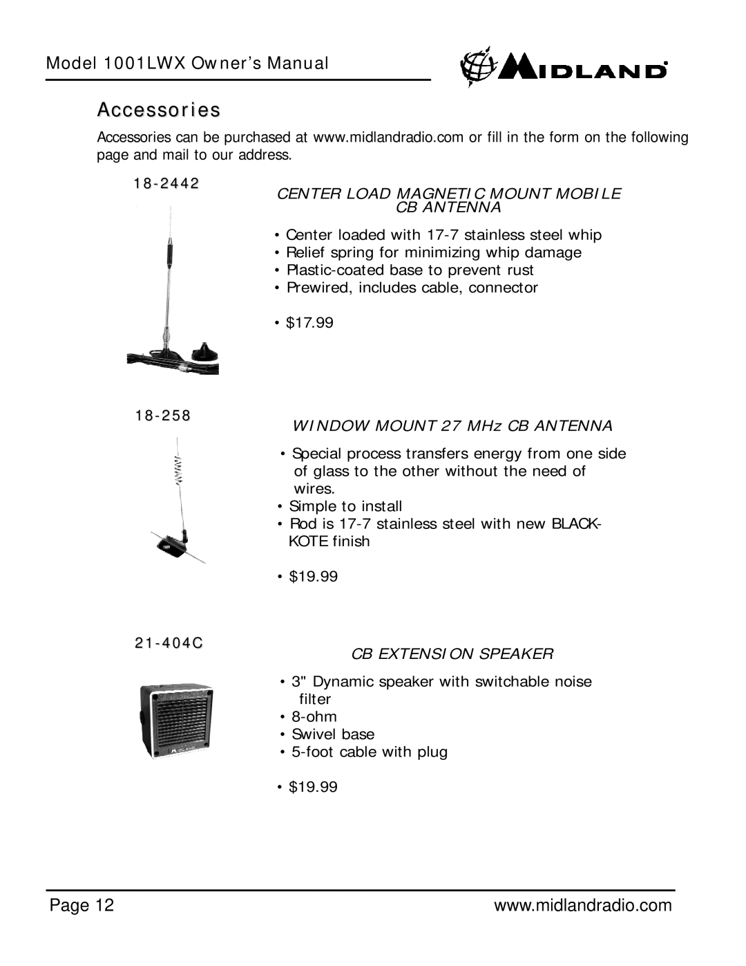 Midland Radio 1001LWX owner manual Accessories, Center Load Magnetic Mount Mobile CB Antenna 