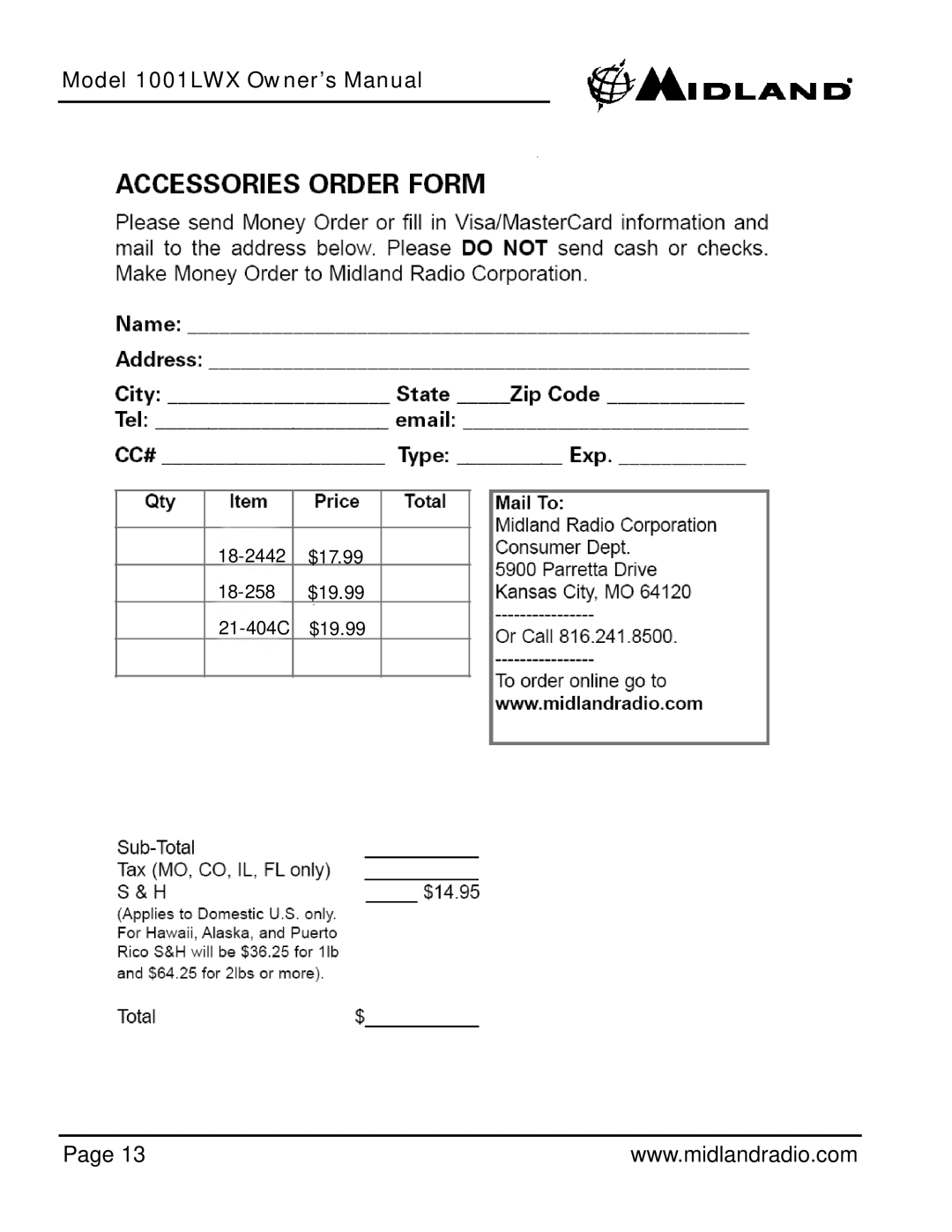 Midland Radio 1001LWX owner manual 18-2442 $17.99 18-258 $19.99 21-404C $19.99 