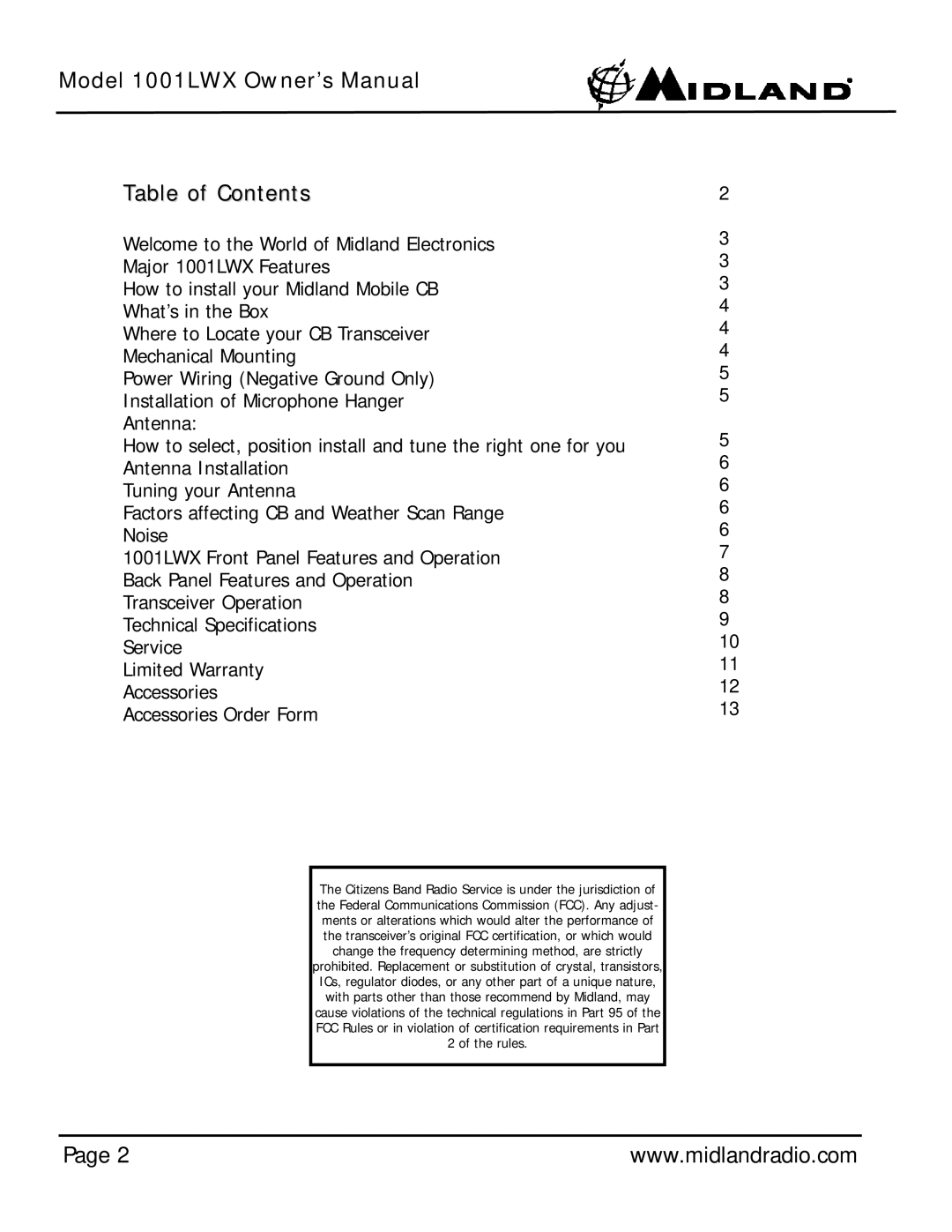 Midland Radio 1001LWX owner manual Table of Contents 