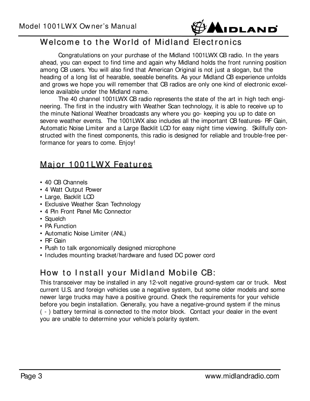 Midland Radio owner manual Welcome to the World of Midland Electronics, Major 1001LWX Features 