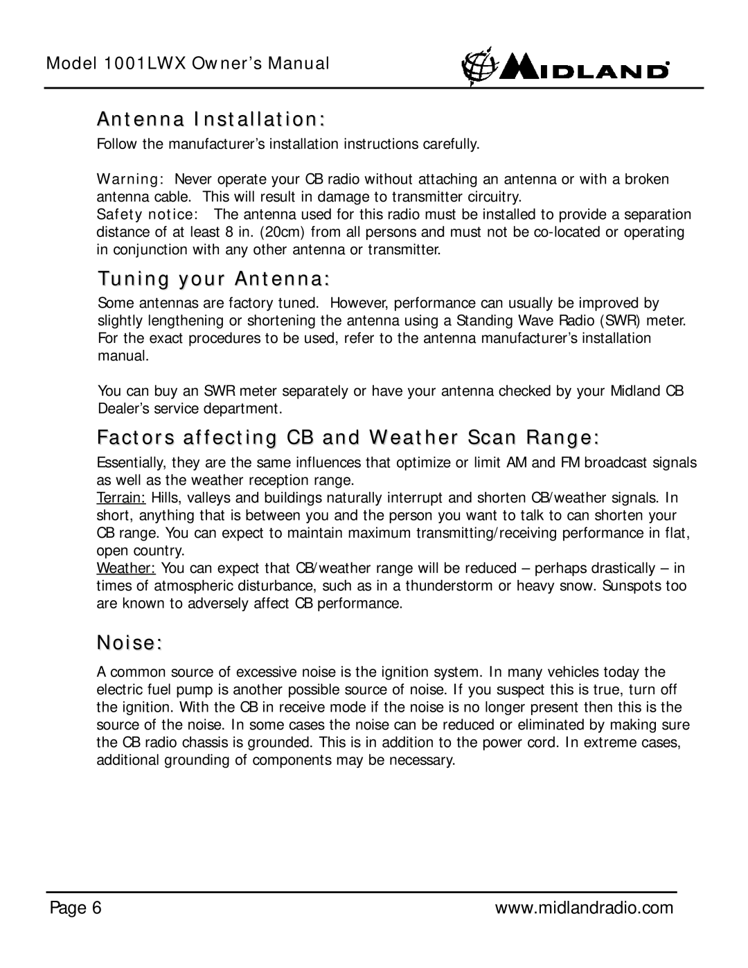 Midland Radio 1001LWX Antenna Installation, Tuning your Antenna, Factors affecting CB and Weather Scan Range, Noise 