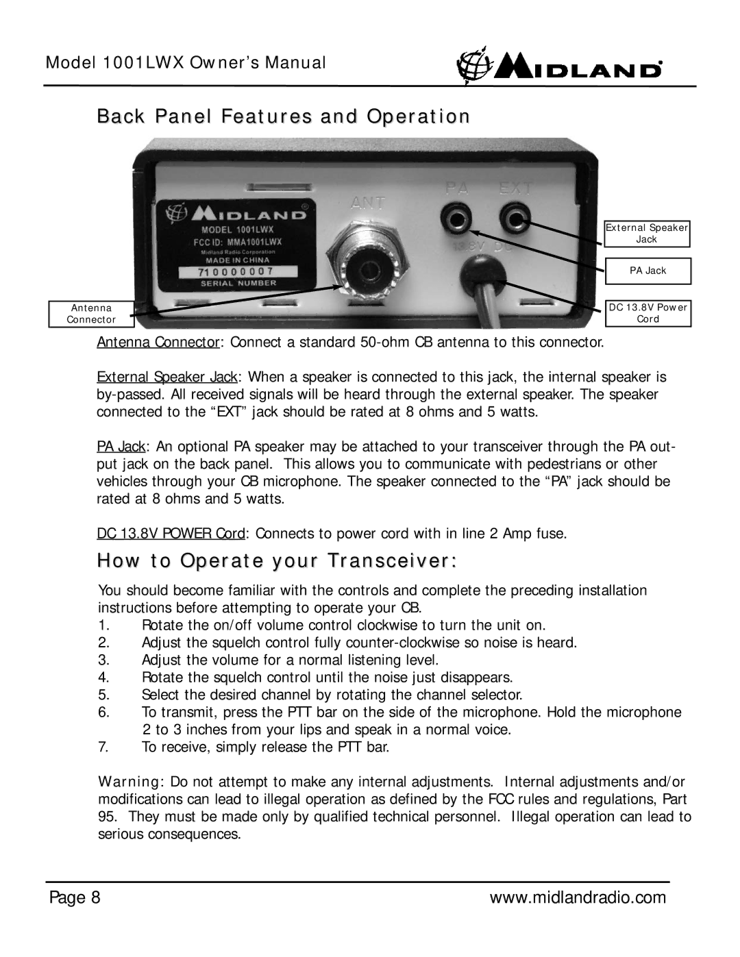 Midland Radio 1001LWX owner manual Back Panel Features and Operation, How to Operate your Transceiver 