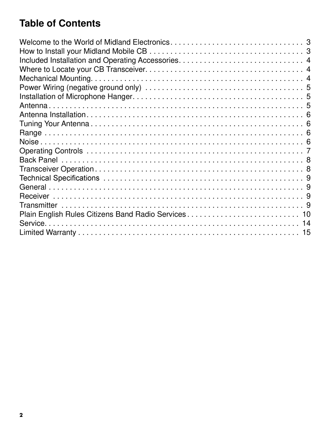 Midland Radio 1001z, 40 Channel CB Radio with 4-Watt Output Power owner manual Table of Contents 