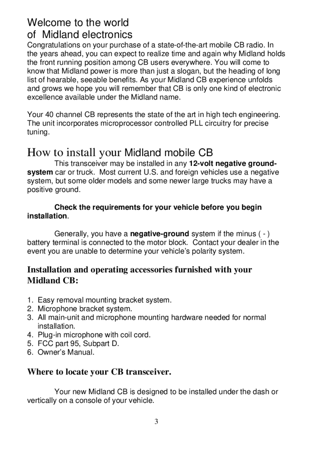 Midland Radio 1001z manual How to install your Midland mobile CB, Where to locate your CB transceiver 