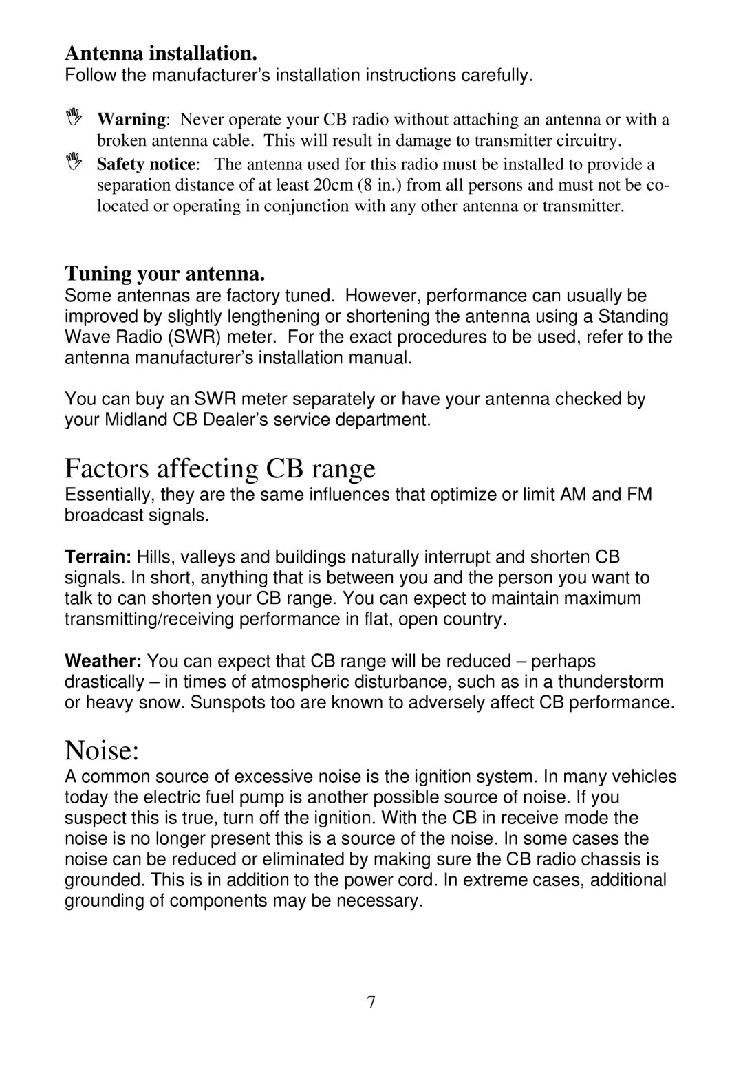 Midland Radio 1001z manual Factors affecting CB range, Noise, Antenna installation, Tuning your antenna 